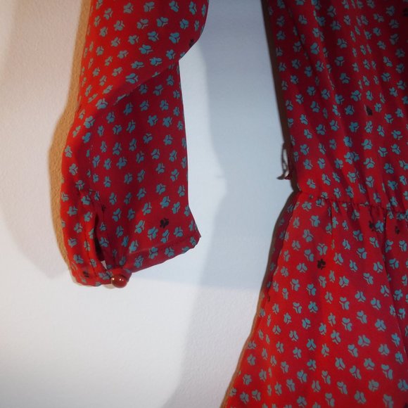 cowl-neck, peplum, floral print crepe, knee-length dress, vintage late 1970s-80s - Picture 14 of 15